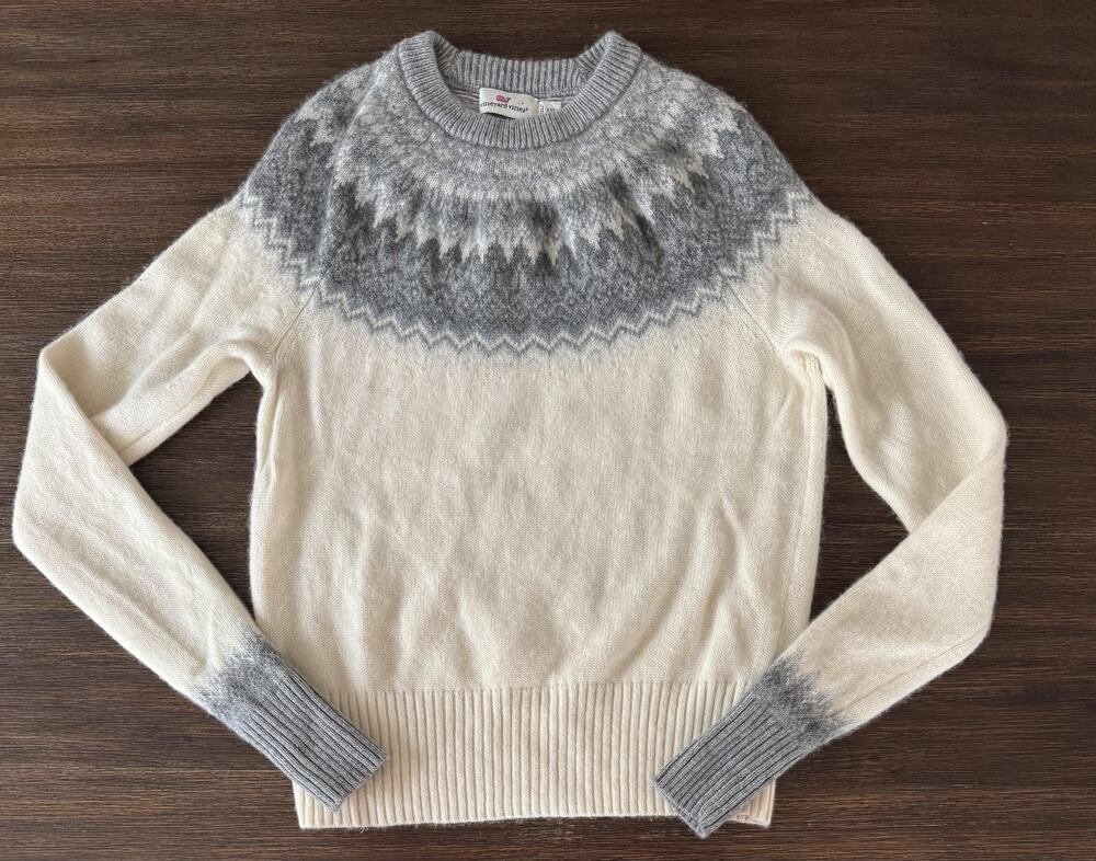 Vineyard Vines Wool Cashmere Sweater Womens XXS White Gray Fair Isle Ski Knit